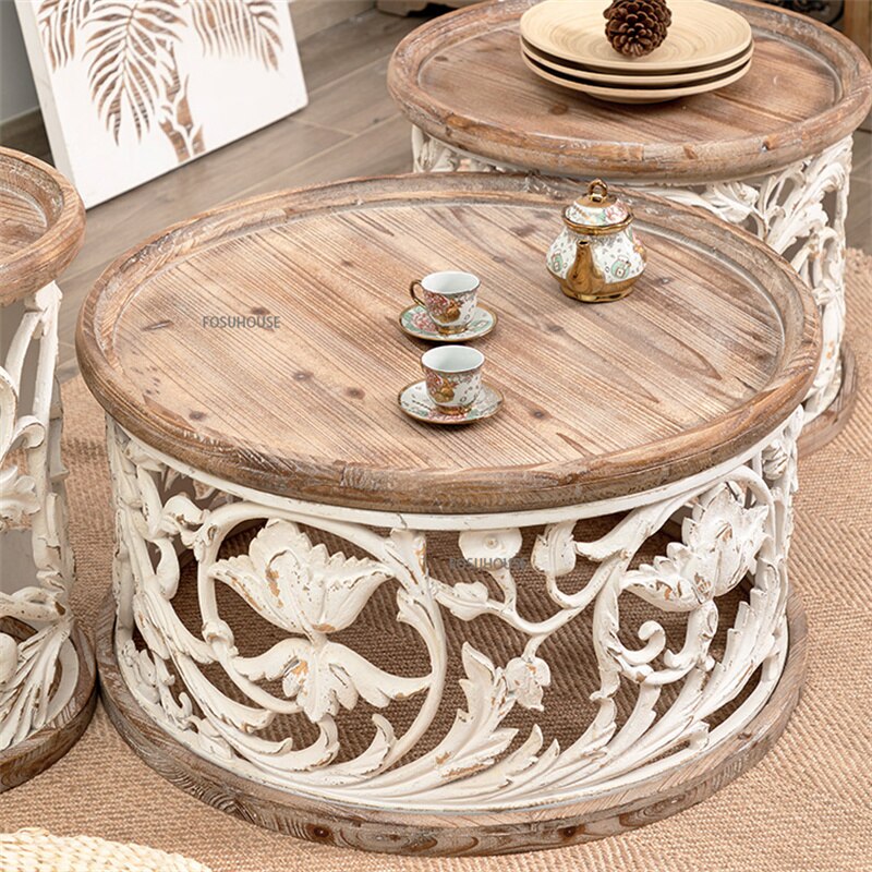 Coffee Tables Solid Wood Round Tisch Furniture Creative Retro Couchtisch Carved Side Tables