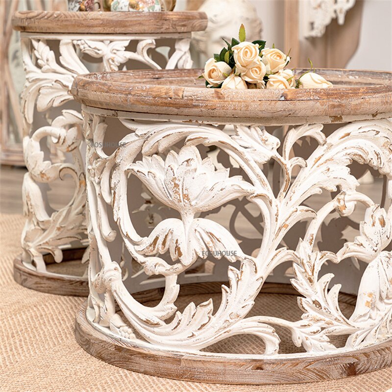 Coffee Tables Solid Wood Round Tisch Furniture Creative Retro Couchtisch Carved Side Tables