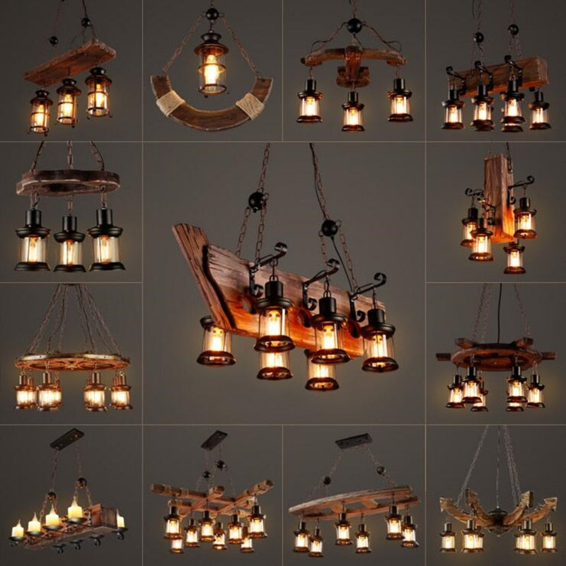 Pendant Light Antique Industrial Retro Wood E27 LED Ceiling Chandelier Wood Pendant Lights