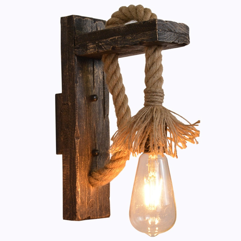 Wall Lamps Vintage Wood Hemp Rope Retro Wall Lights