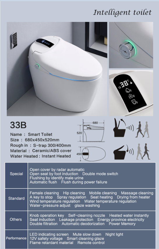 Bathroom Toilet S-trap Automatic Opening Cover Intelligent WC Remote Controlled Smart Toilette Bidet