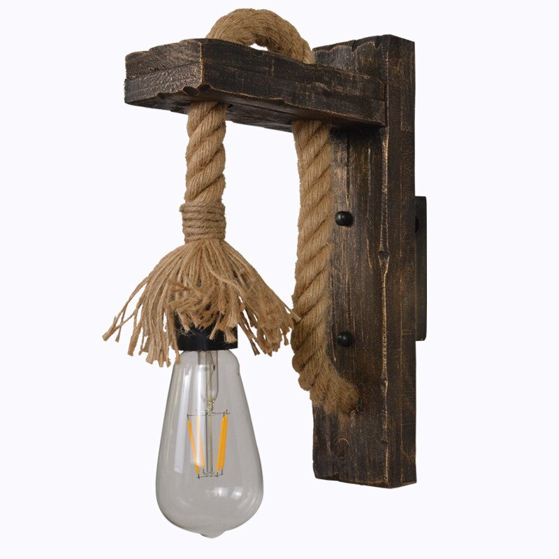 Wall Lamps Vintage Wood Hemp Rope Retro Wall Lights