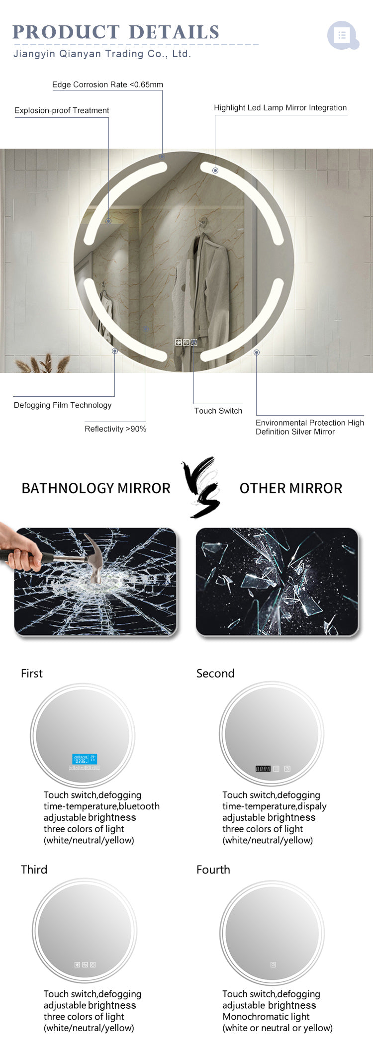 Smart Mirror Spiegel Anti Fog Runde LED Badezimmer Silberspiegel mit Touch Schalter - Bathroom Mirror With Touch Switch