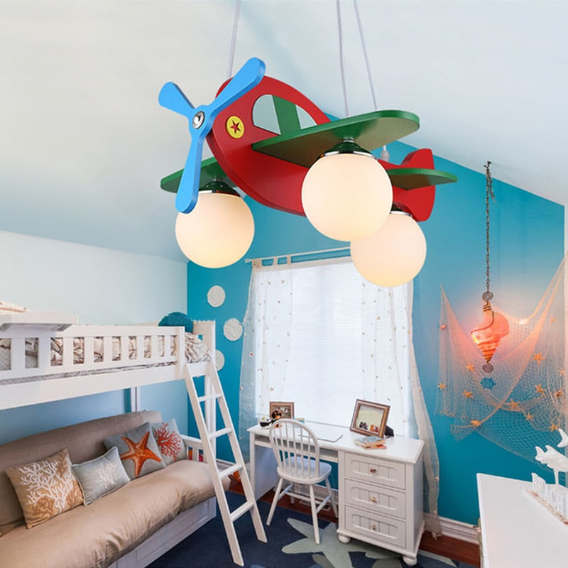 Children's Room Lighting Wood Airplane Kids LED Hanging Pendant Lights