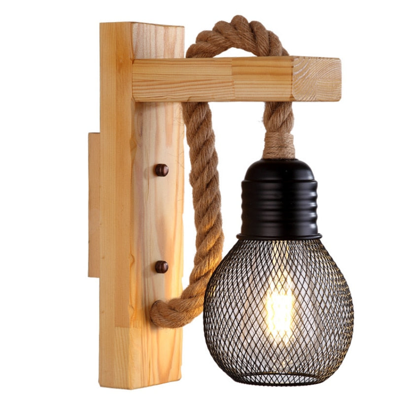 Wall Lamps Vintage Wood Hemp Rope Retro Wall Lights