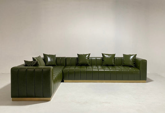 L Shaped Sofa Green Leather Upholstery Sectional Sofa Set Fall Winter Interior Design