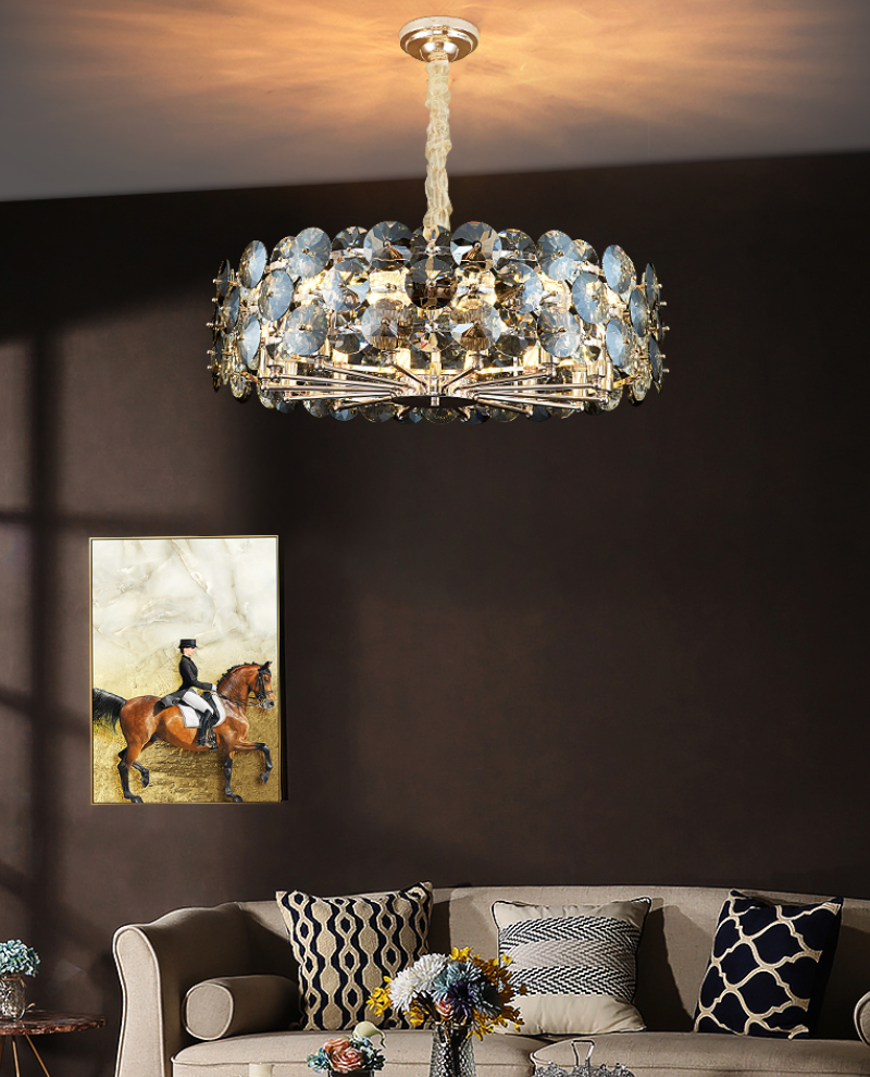 Chandelier Lighting For Living Room Smoke Gray Crystal Lamps Round Chains Chandeliers