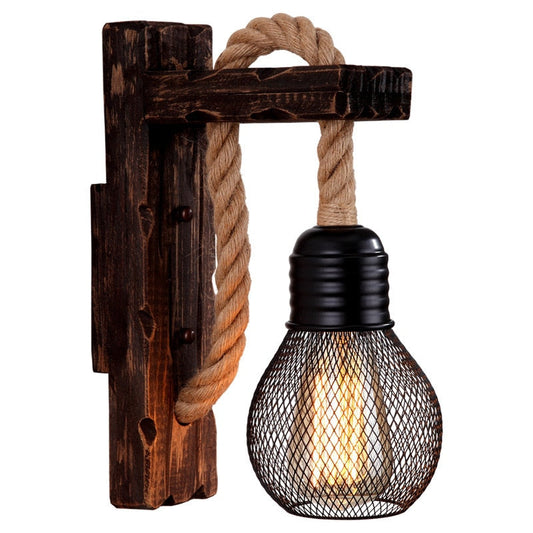 Wall Lamps Vintage Wood Hemp Rope Retro Wall Lights