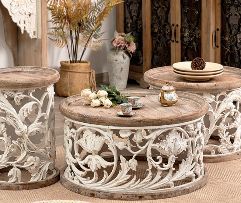 Coffee Tables Solid Wood Round Tisch Furniture Creative Retro Couchtisch Carved Side Tables