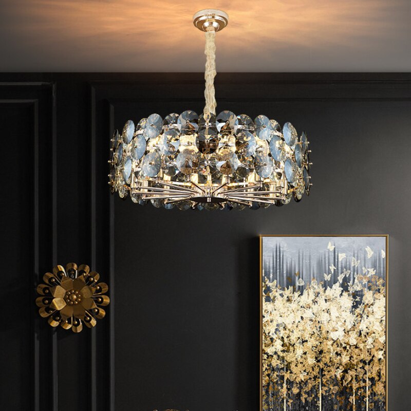 Chandelier Lighting For Living Room Smoke Gray Crystal Lamps Round Chains Chandeliers