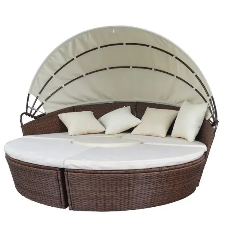 Outdoor Furniture Wicker Patio Sofa Retractable Canopy Round Rattan Garden Furniture Daybed