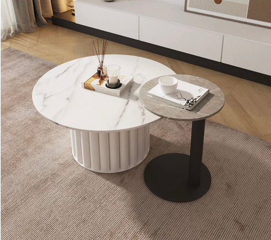 Modern Slate & Wood Nesting Coffee Table - Round Marble-Top Accent End Table