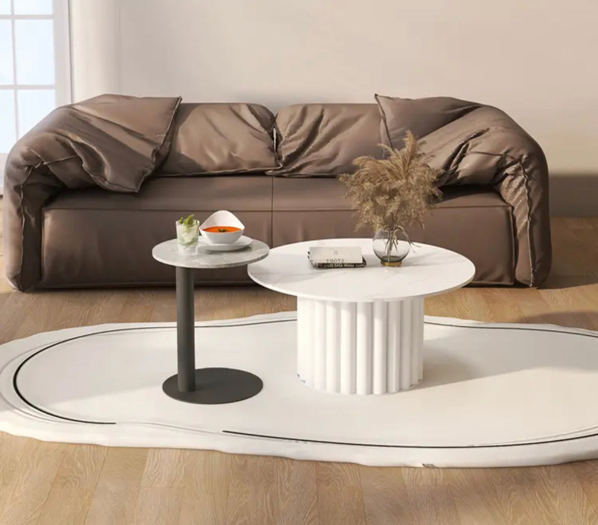 Coffee Table Set Design Slate Board Marble Top Round Shaped Side Table