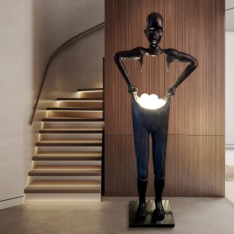 Floor Lamp Black Humanoid Holding Glass Ball Art Sculpture Floor Light