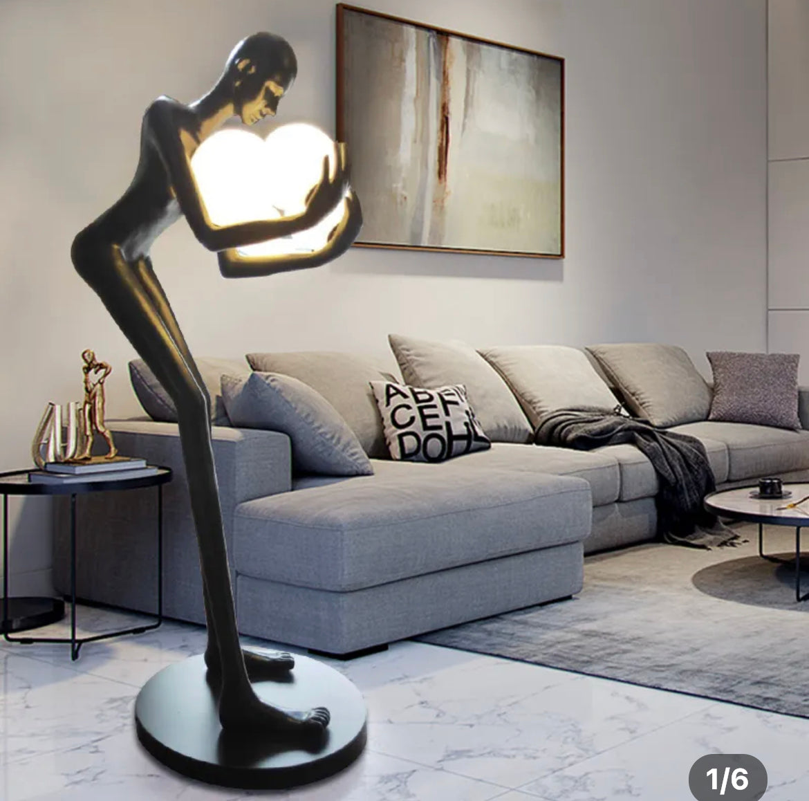 Floor Lamp Black Humanoid Holding Glass Ball Art Sculpture Floor Light