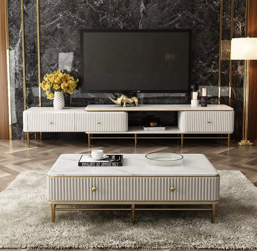 Tv Stand Modern Luxury Jazz Snow White Living Room TV Cabinet Telescopic Marble Fernsehtisch