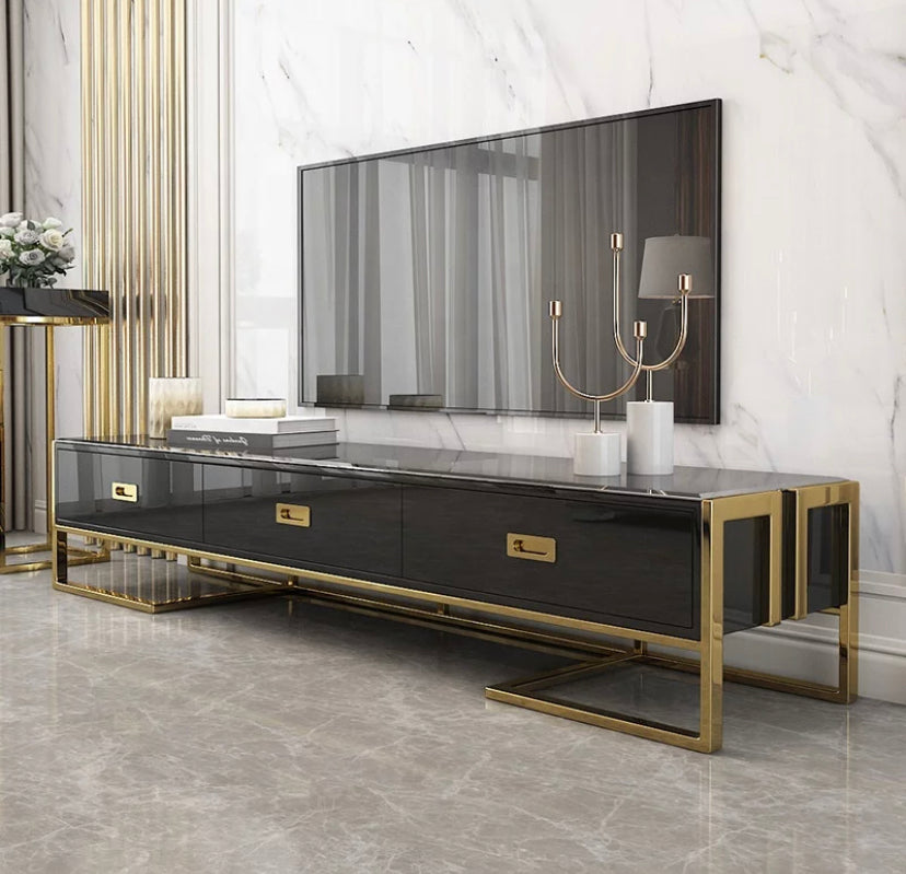 TV Lowboards Modern Luxury Fernsehtisch Tempered Glass Surface And Stainless Steel Titanium TV Cabinet