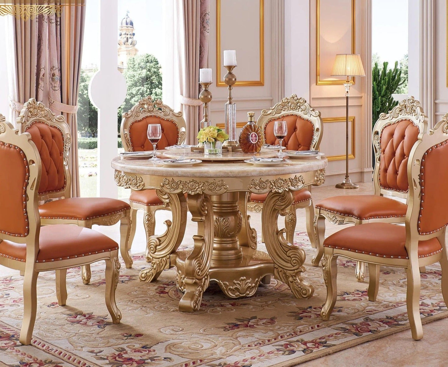 Barock Style Dining Table Set Golden Foil Hand Carved Italian Design Dining Room Furniture