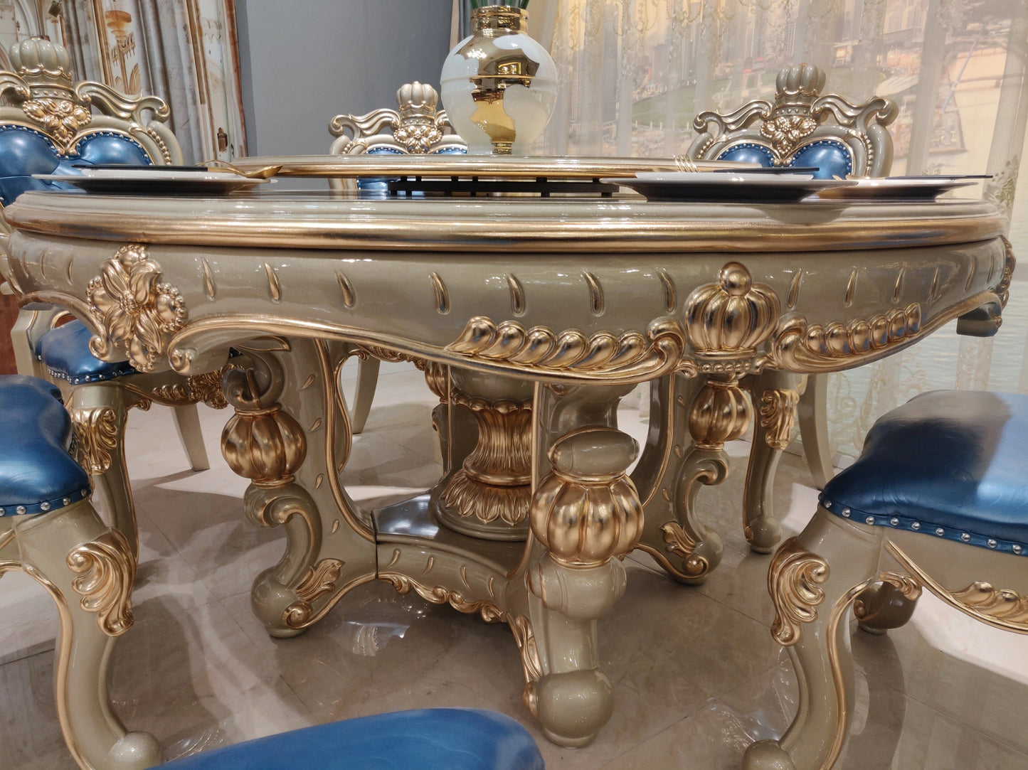 Dining Room Table Set Golden Foil Hand Carved Italian Baroque Design Dining Room Furniture Sets