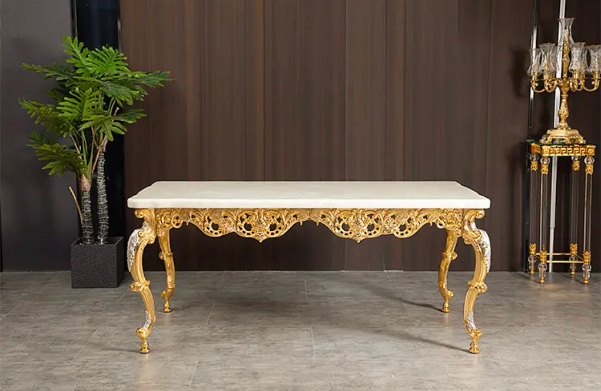 Dining Table Royal Luxury Golden Copper and Marble Top Baroque Design Dining Table