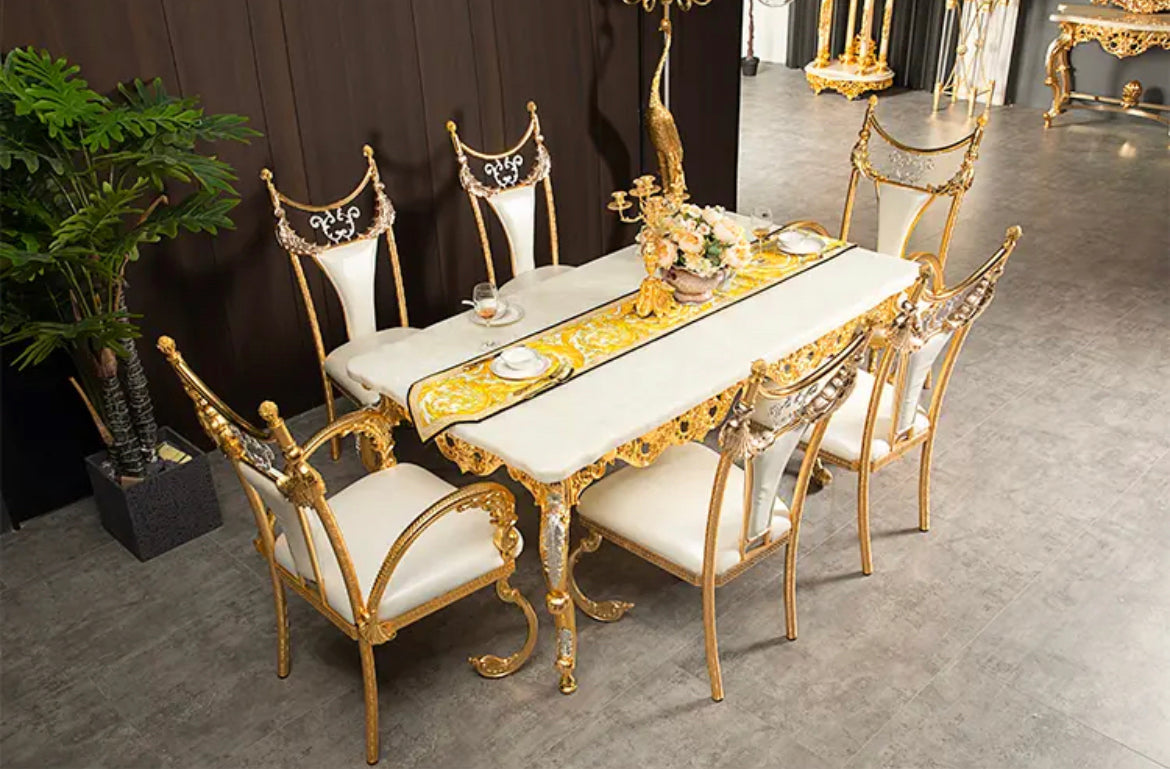 Dining Table Royal Luxury Golden Copper and Marble Top Baroque Design Dining Table