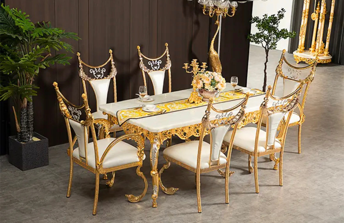 Dining Table Royal Luxury Golden Copper and Marble Top Baroque Design Dining Table