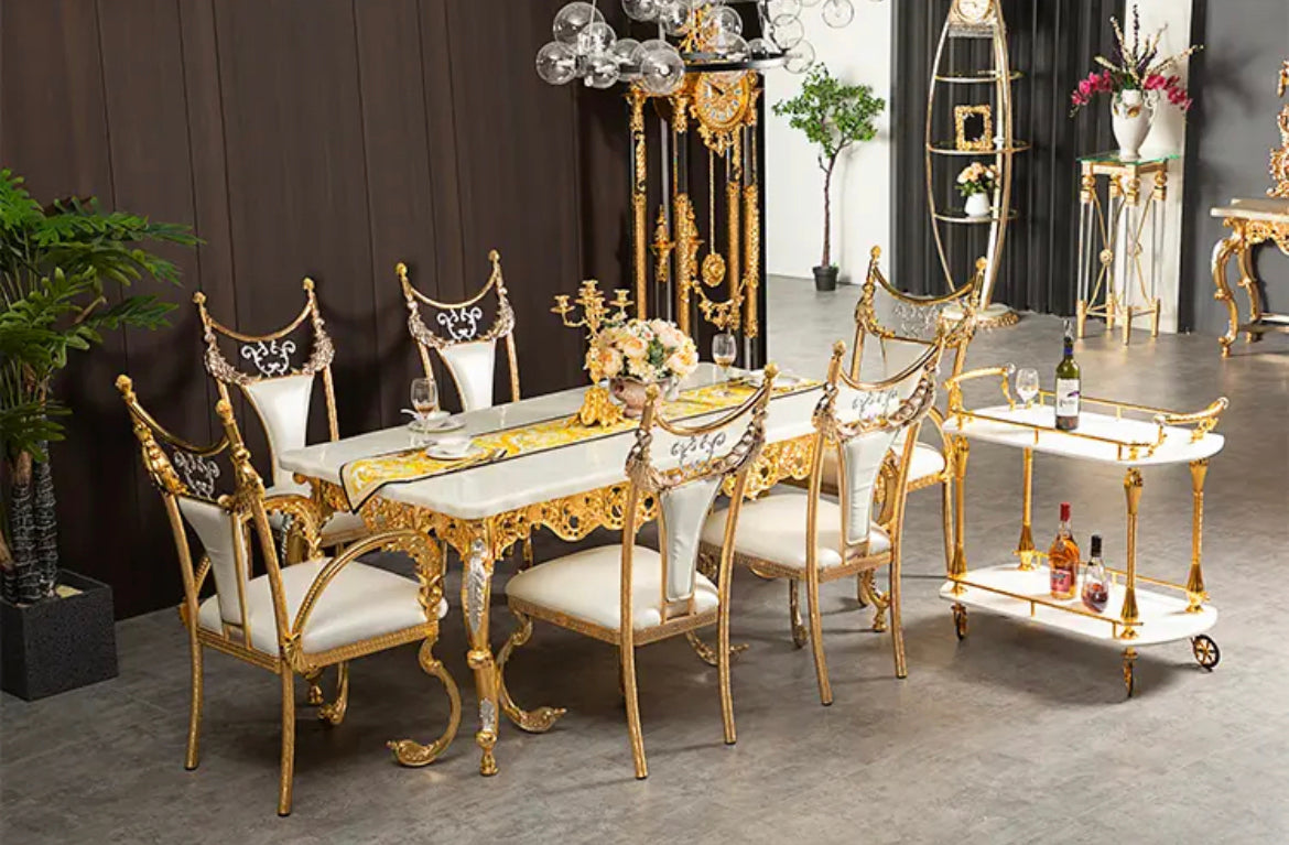 Dining Table Royal Luxury Golden Copper and Marble Top Baroque Design Dining Table