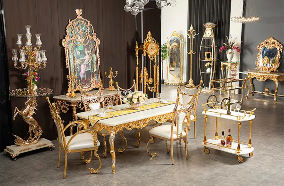 Dining Table Royal Luxury Golden Copper and Marble Top Baroque Design Dining Table