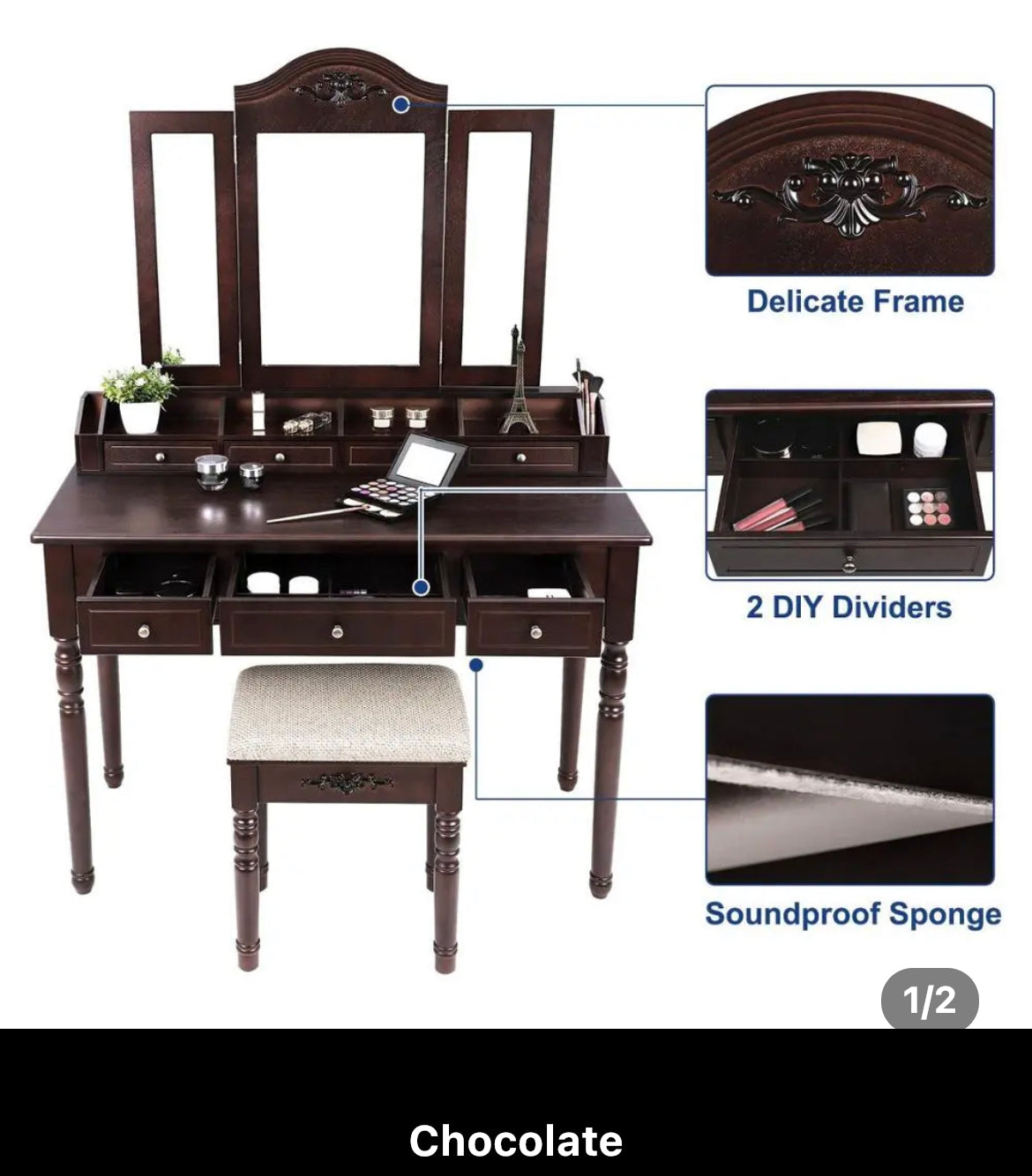 Bathroom Vanity 7 Drawers Wooden Makeup Vanity Dressing Table Set