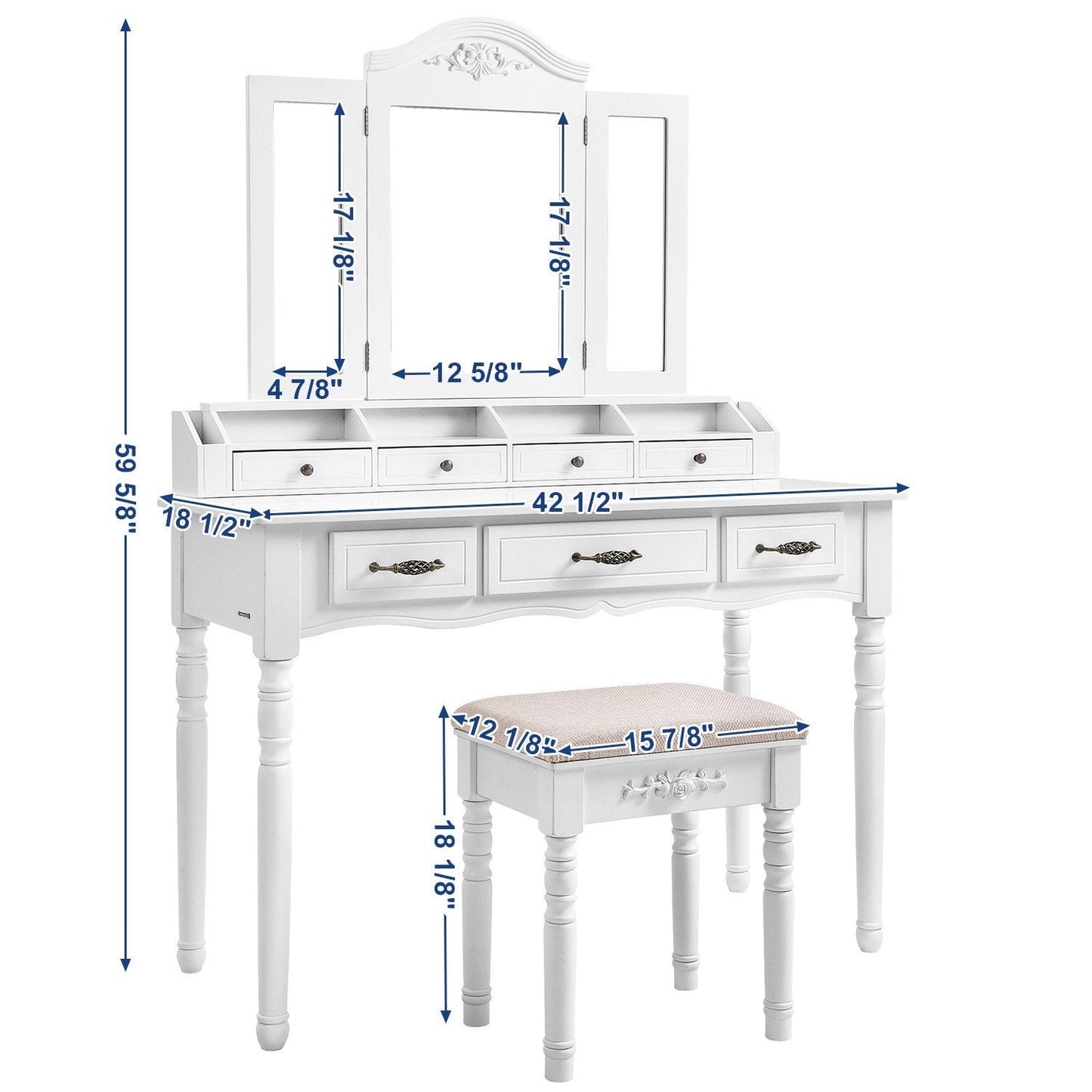 Bathroom Vanity 7 Drawers Wooden Makeup Vanity Dressing Table Set