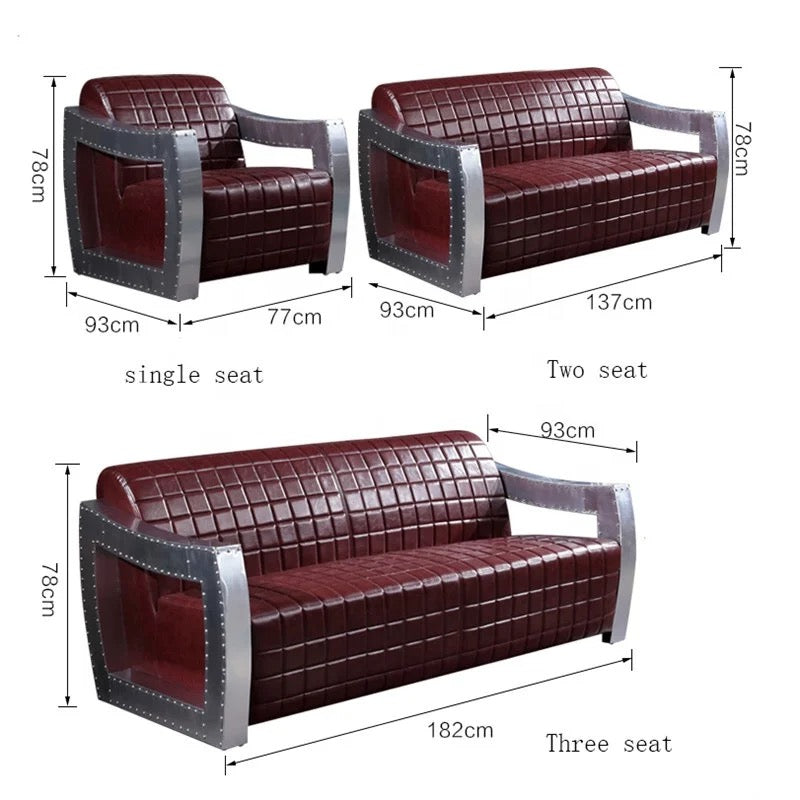 3+2+1 Sofa Set Aviator Design Solid Wood Leather Aluminum Chesterfield Sofa Home Office Interior Design