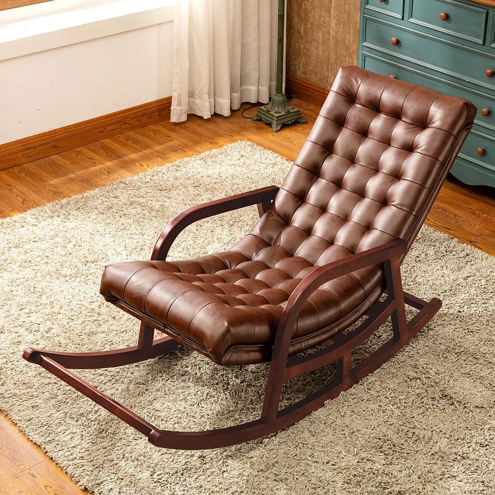 Rocking Chair American Country Recliner Solid Wood Leisure Leather Lounge Chairs