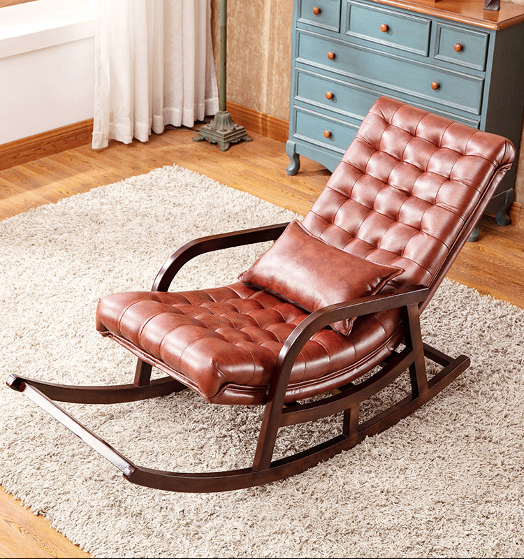 Rocking Chair American Country Recliner Solid Wood Leisure Leather Lounge Chairs