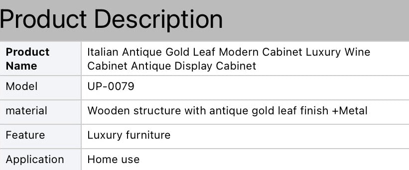 Italian Antique Gold Leaf Modern Cabinet Luxury Wine Cabinet Antique Display Kabinett