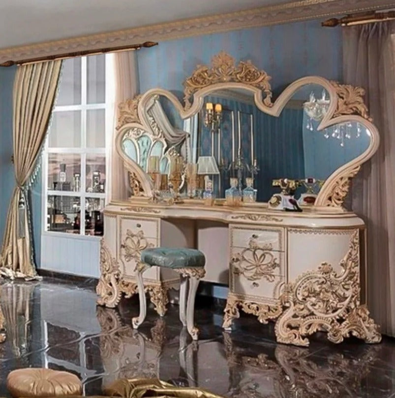 Barock Style Dressing Table Hand Carved Mirror and Drawers Luxury  Master Bedroom Vanity Set