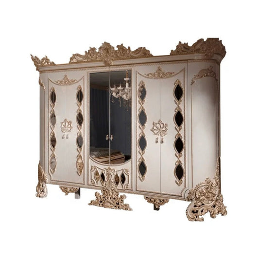 Barock Style Wardrobe Bedroom Hand Carved Mirror and Drawers Luxury Wardrobe Set