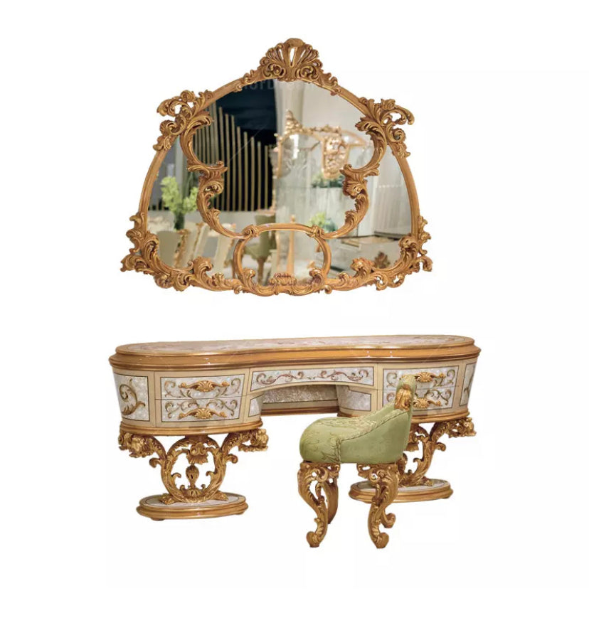 Luxury Baroque Italian French Arabic Royal Style Furniture Bedroom Heavy Carved Dresser Set Schminktisch