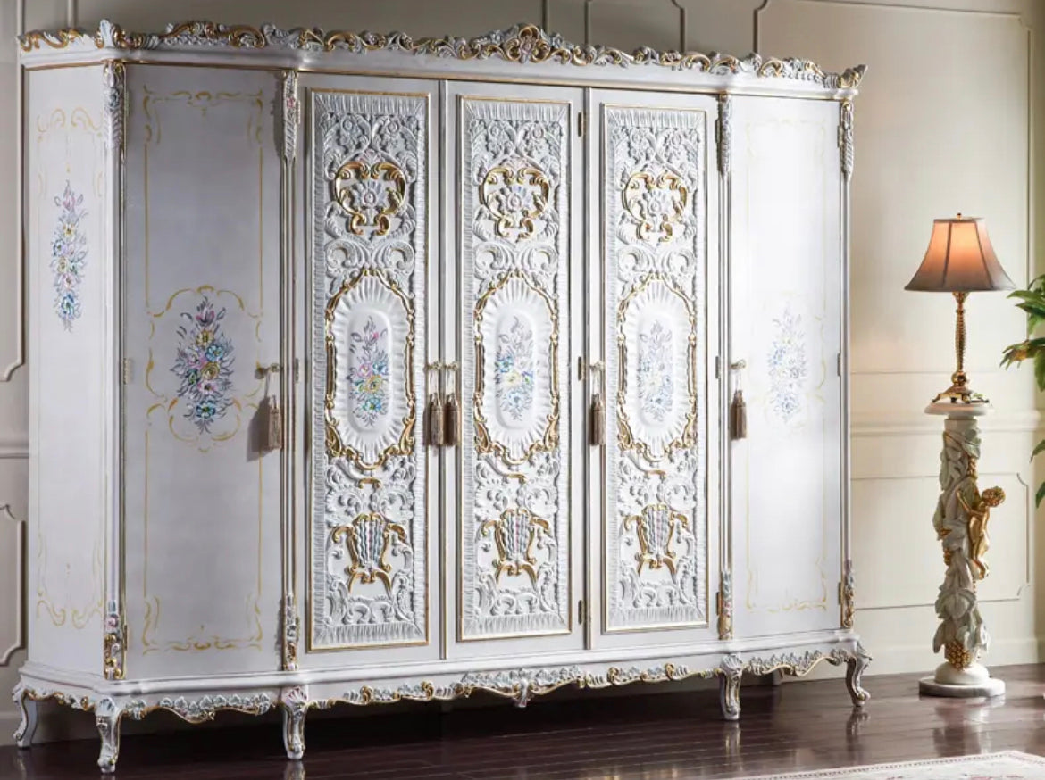 Wardrobe Bedroom Furniture French Luxury Mirrored Baroque Carved Solid Wood Bedroom Furniture