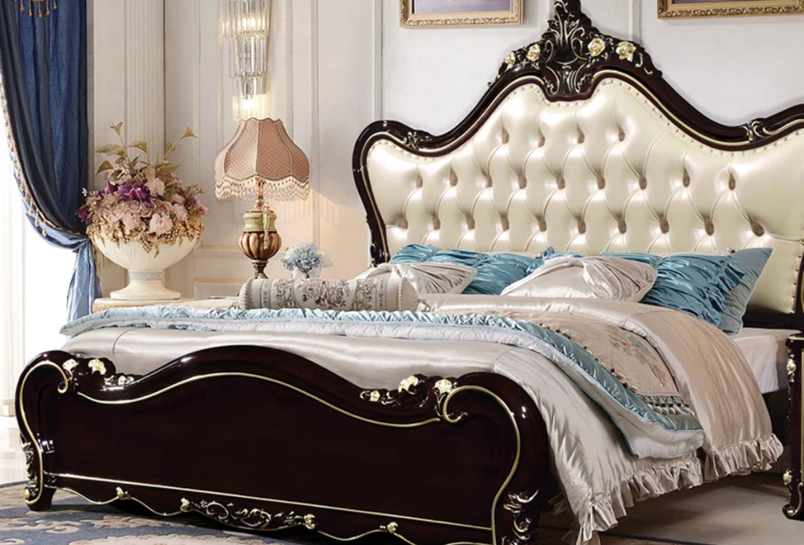 Queen Size Bed Royal Design Luxury European Leather Black Rice White Bedroom Bed Set