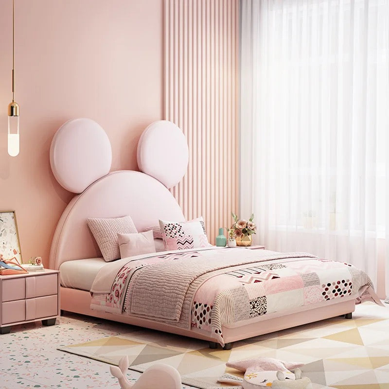 Kids Bed Nordic Cloth Art Double Bed Mickey Cartoon Children Pink Gray Bedroom Bed