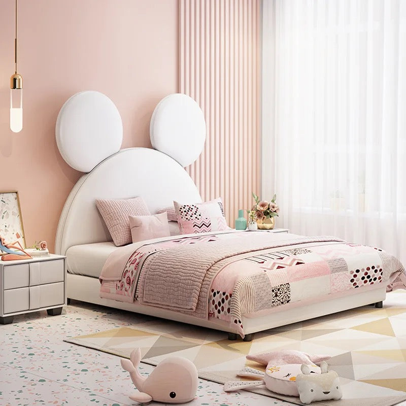 Kids Bed Nordic Cloth Art Double Bed Mickey Cartoon Children Pink Gray Bedroom Bed