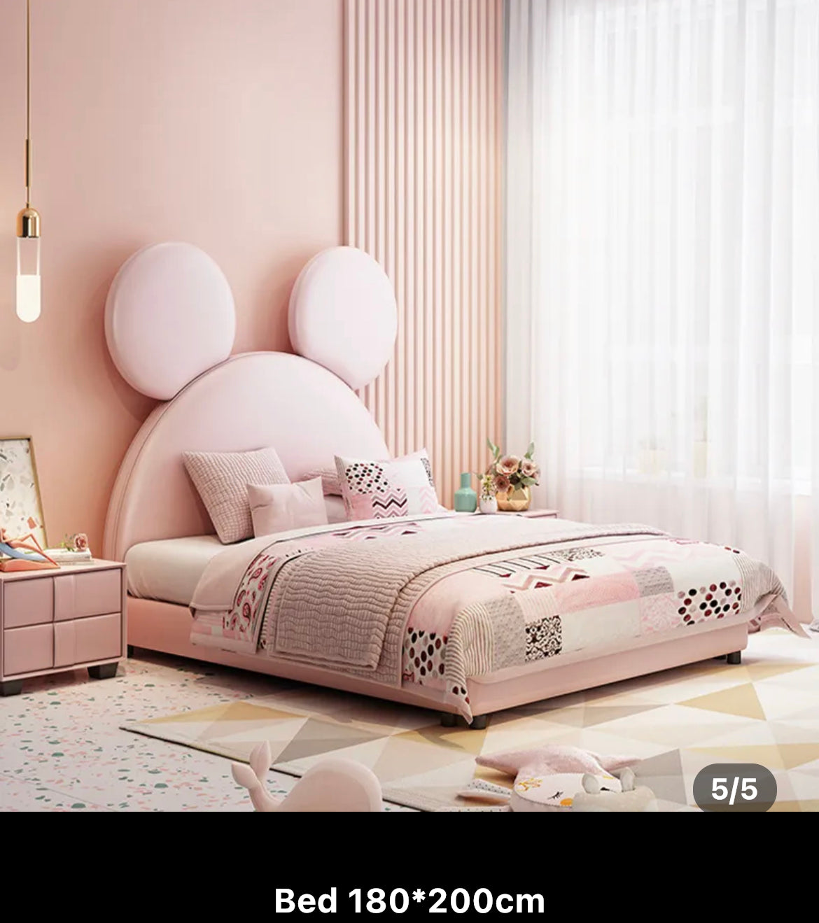 Kids Bed Nordic Cloth Art Double Bed Mickey Cartoon Children Pink Gray Bedroom Bed