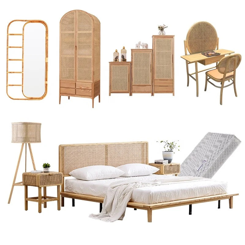 Bedroom King Queen Bed Nordic Vintage Design Rattan Cane Wicker Wood Platform Beds