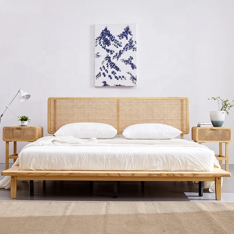 Bedroom King Queen Bed Nordic Vintage Design Rattan Cane Wicker Wood Platform Beds