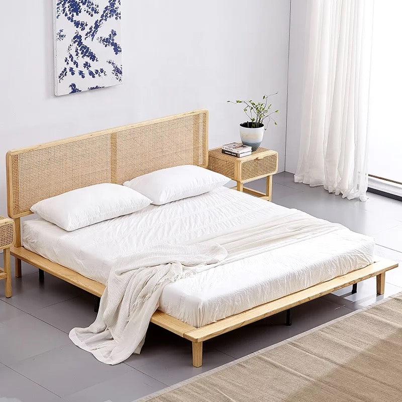 Bedroom King Queen Bed Nordic Vintage Design Rattan Cane Wicker Wood Platform Beds