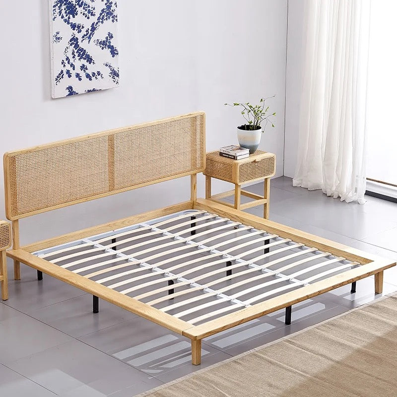 Bedroom King Queen Bed Nordic Vintage Design Rattan Cane Wicker Wood Platform Beds