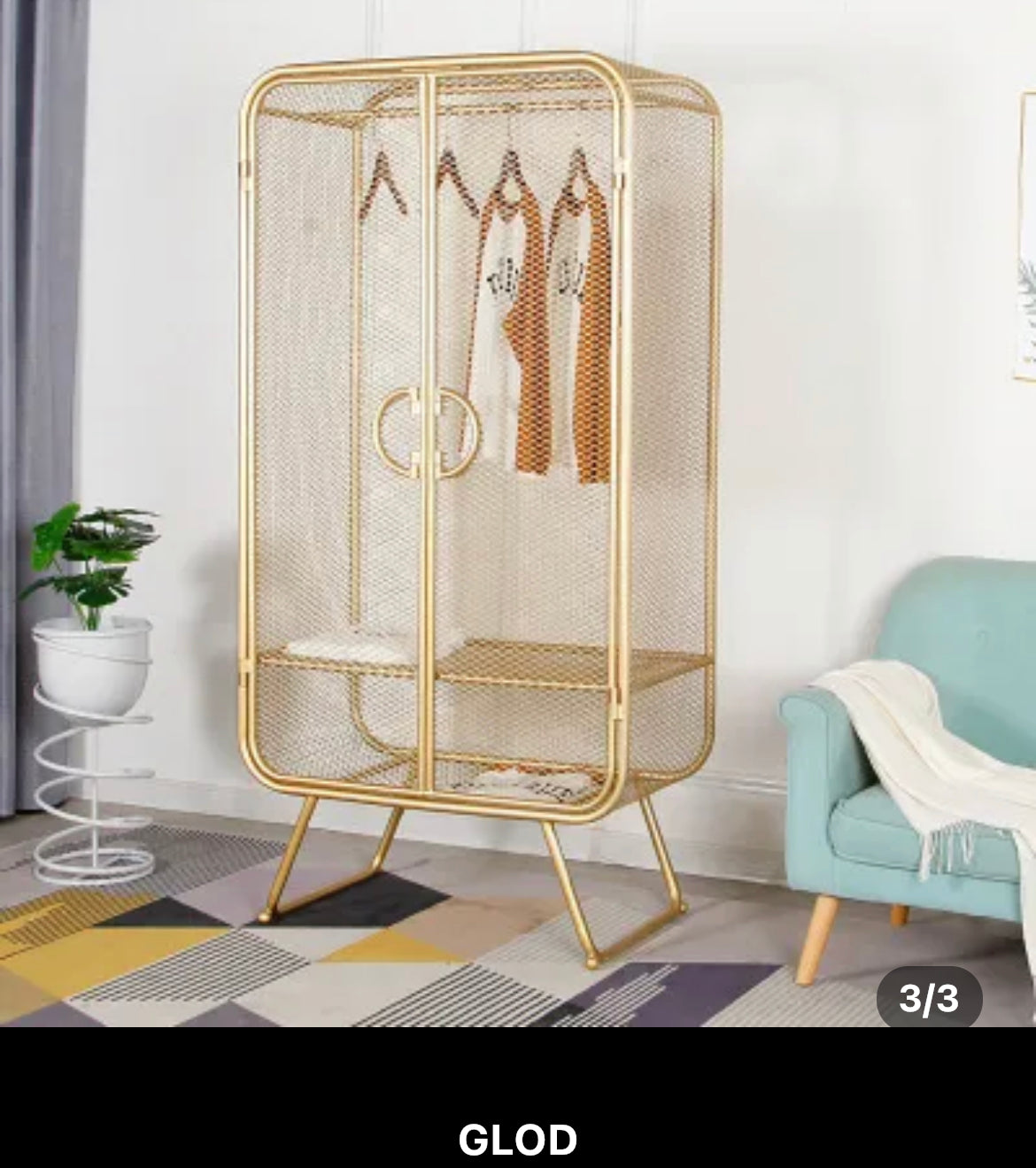 Wardrobe Nordic Wrought Iron Grid Golden Single Wardrobe Clothing Display Cabinet