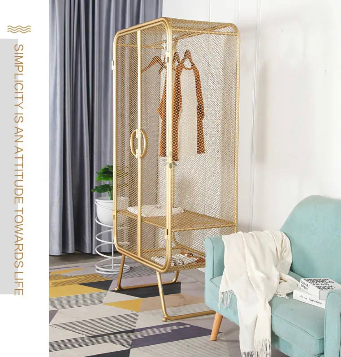 Wardrobe Nordic Wrought Iron Grid Golden Single Wardrobe Clothing Display Cabinet