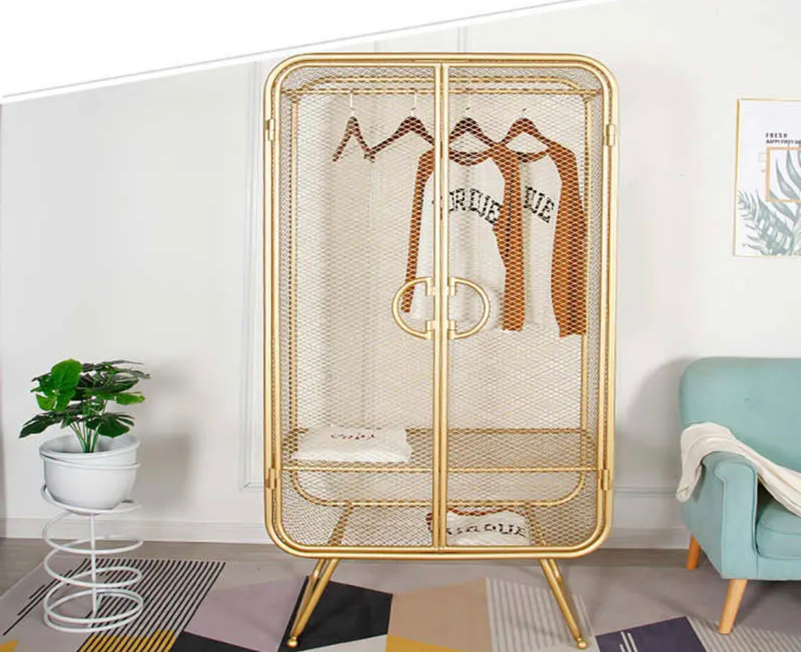 Wardrobe Nordic Wrought Iron Grid Golden Single Wardrobe Clothing Display Cabinet