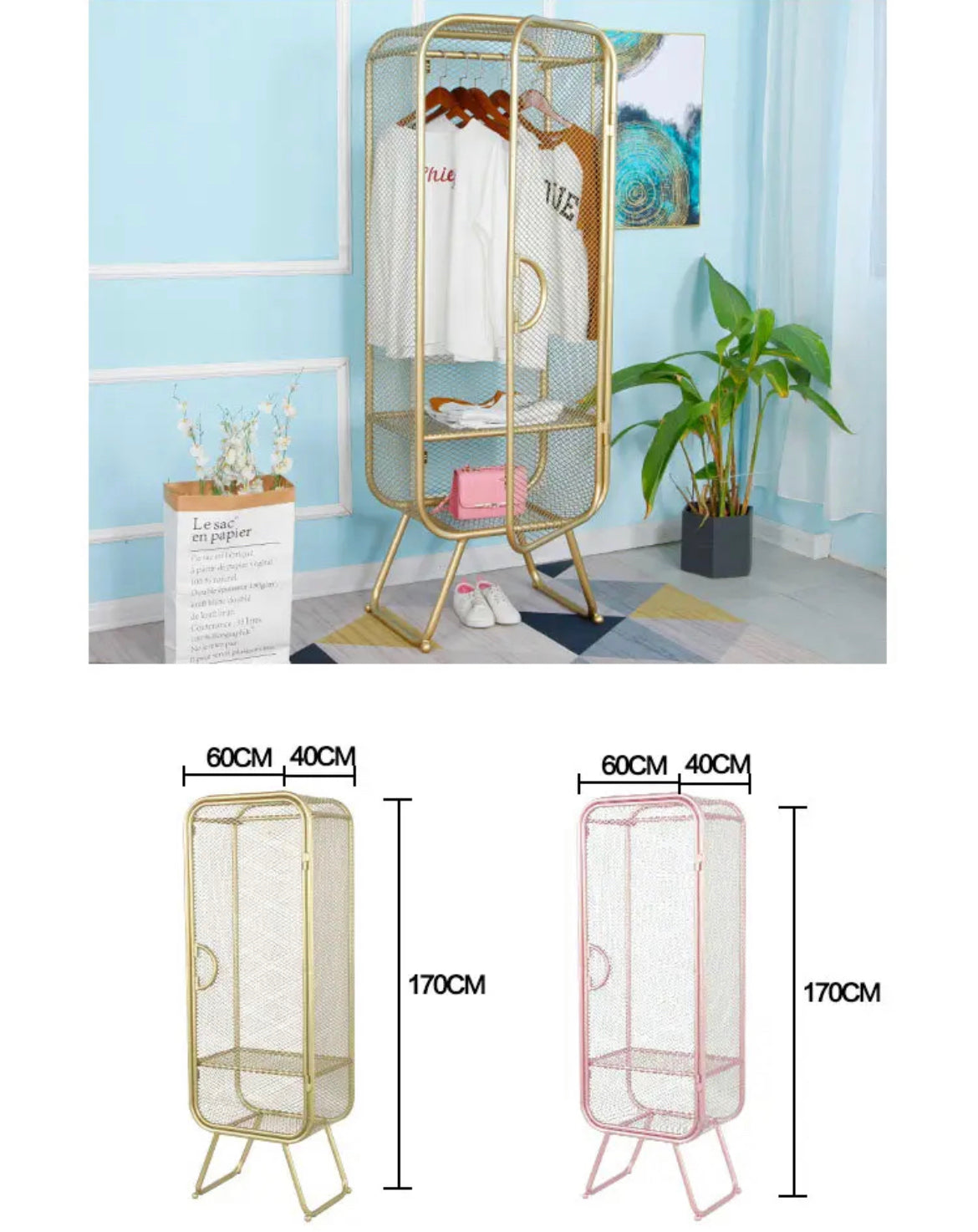 Wardrobe Nordic Wrought Iron Grid Golden Single Wardrobe Clothing Display Cabinet